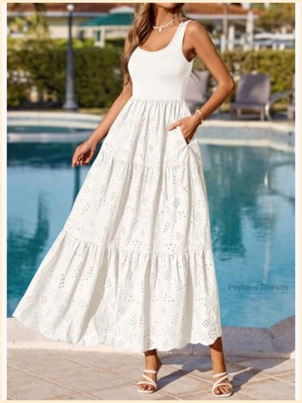 Sleeveless Eyelet Midi Dress with Pockets Casual Flowy Sundress - Picture 4 of 7